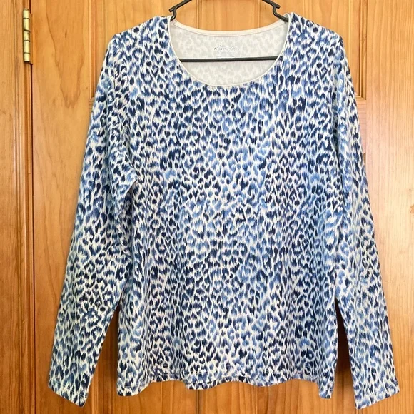 Navy blue leopard print top, Kim Rogers top, Kim Rogers Tee, Size L shirt - Picture 1 of 5